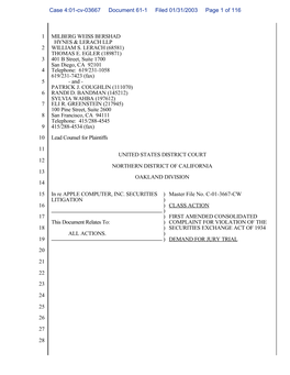 In Re Apple Computer, Inc., Securities Litigation 01-CV-3667-First