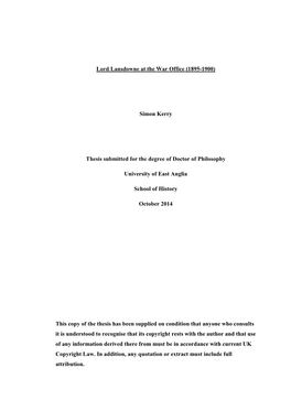 Lord Lansdowne at the War Office (1895-1900) Simon Kerry Thesis