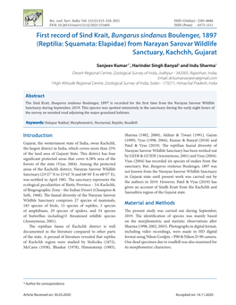 First Record of Sind Krait, Bungarus Sindanus Boulenger, 1897 (Reptilia: Squamata: Elapidae) from Narayan Sarovar Wildlife Sanctuary, Kachchh, Gujarat
