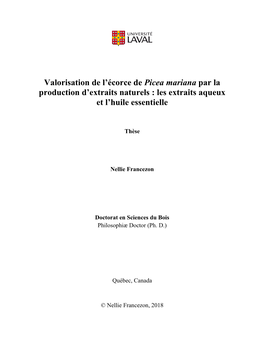 Valorisation De L'écorce De Picea Mariana Par La