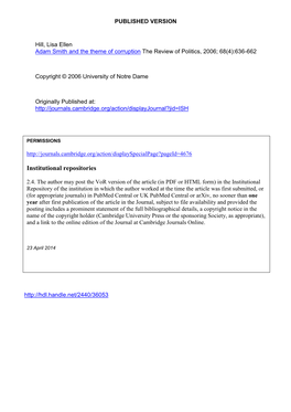 Adam Smith and the Theme of Corruption the Review of Politics, 2006; 68(4):636-662