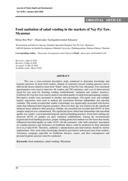 Food Sanitation of Salad Vending in the Markets of Nay Pyi Taw, Myanmar