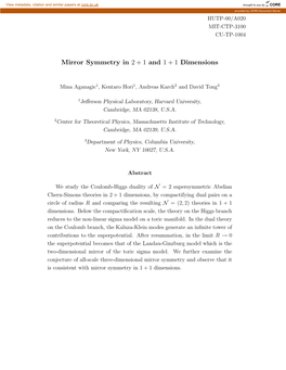 Mirror Symmetry in 2+1 and 1+1 Dimensions