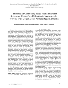 The Impact of Community Based Health Insurance Scheme on Health Care Utilization in North Achefer Woreda, West Gojjam Zone, Amhara Region, Ethiopia