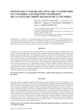 Paleoclima Y Paisaje Del Final Del Cuaternario En Cantabria: Los Pequeños Mamíferos De La Cueva Del Mirón (Ramales De La Vict