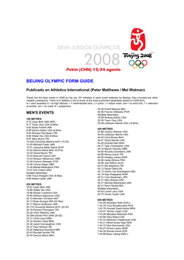 Beijing Olympic Form Guide