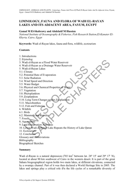 Limnology, Fauna and Flora of Wadi El-Rayan Lakes and Its Adjacent Area, Fayum, Egypt - Gamal M El-Shabrawy and Abdelatif M Hussien