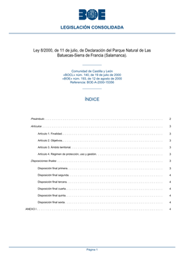 Ley 8/2000, De 11 De Julio, De Declaración Del Parque Natural De Las Batuecas-Sierra De Francia (Salamanca)