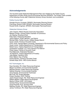 Accotink Creek Watershed Management Plan Acknowledgements, TOC, and Executive Summary