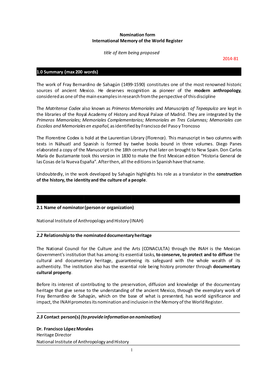 Nomination Form International Memory of the World Register