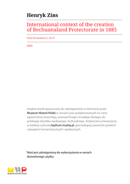 Henryk Zins International Context of the Creation of Bechuanaland Protectorate in 1885