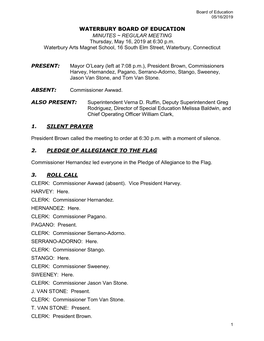 WATERBURY BOARD of EDUCATION MINUTES ~ REGULAR MEETING Thursday, May 16, 2019 at 6:30 P.M