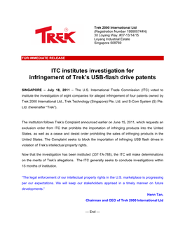 ITC Institutes Investigation for Infringement of Trek's USB-Flash