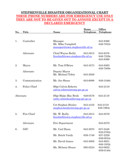 Stephenville Disaster Organizational Chart These Phone Numbers Are for Emergency Use Only They Are Not to Be Given out to Anyone Except in a Declared Emergency