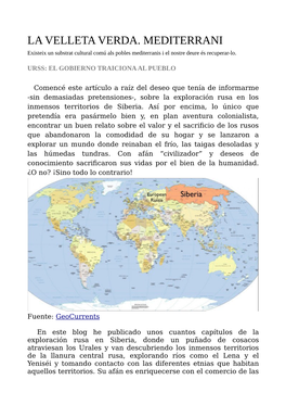 LA VELLETA VERDA. MEDITERRANI Existeix Un Substrat Cultural Comú Als Pobles Mediterranis I El Nostre Deure És Recuperar-Lo