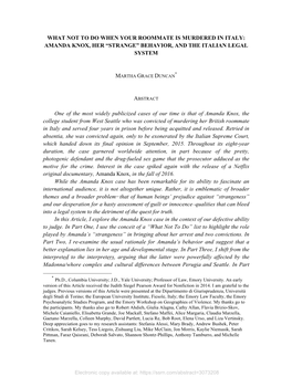 What Not to Do When Your Roommate Is Murdered in Italy: Amanda Knox, Her “Strange” Behavior, and the Italian Legal System