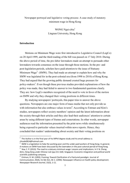 Newspaper Portrayal and Legislative Voting Process: a Case Study of Statutory Minimum Wage in Hong Kong
