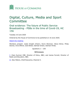 Digital, Culture, Media and Sport Committee Oral Evidence: the Future of Public Service Broadcasting - Psbs in the Time of Covid-19, HC 156