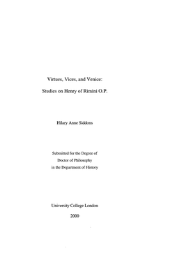 Virtues, Vices, and Venice: Studies on Henry of Rimini OP