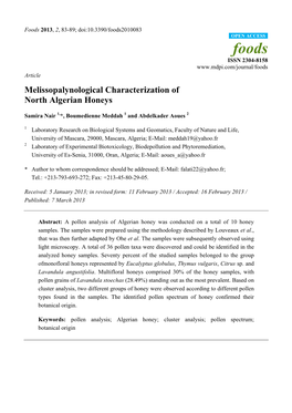 Melissopalynological Characterization of North Algerian Honeys