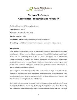 Terms of Reference Coordinator - Education and Advocacy