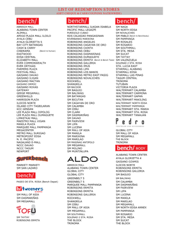 List of Redemption Stores (Gift Cheque & Cash Coupons Nationwide)