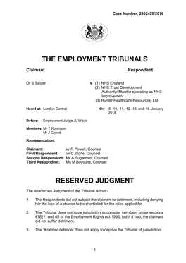 The Employment Tribunals Reserved Judgment