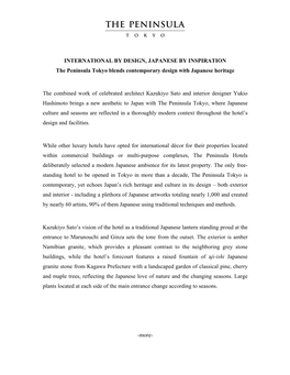 INTERNATIONAL by DESIGN, JAPANESE by INSPIRATION the Peninsula Tokyo Blends Contemporary Design with Japanese Heritage the Combi