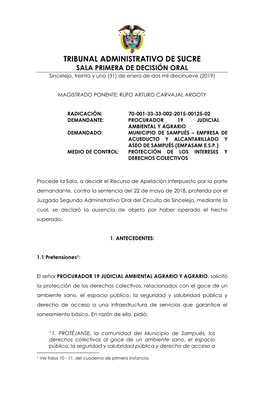 TRIBUNAL ADMINISTRATIVO DE SUCRE SALA PRIMERA DE DECISIÓN ORAL Sincelejo, Treinta Y Uno (31) De Enero De Dos Mil Diecinueve (2019)