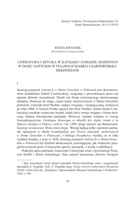 Literatura I Sztuka W Katalogu Pamiątek Złożonych W Domu Gotyckim W Puławach Izabeli Czartoryskiej. Rekonesans