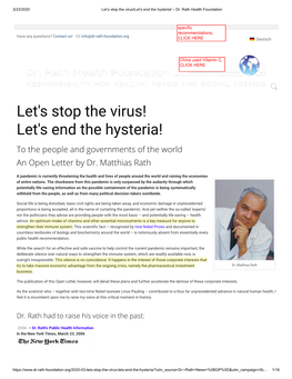 Let's Stop the Virus!- Let's End the Hysteria! – Dr. Rath Health