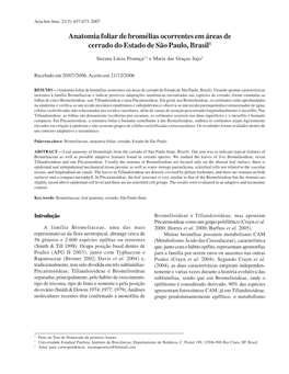 Anatomia Foliar De Bromélias Ocorrentes Em Áreas De Cerrado Do Estado De São Paulo, Brasil1