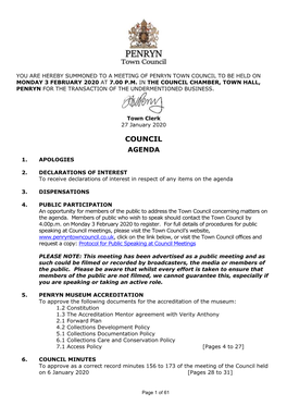 Penryn Town Council to Be Held on Monday 3 February 2020 at 7.00 P.M