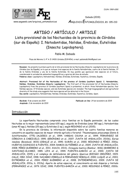 ARTIGO / ARTÍCULO / ARTICLE Lista Provisional De Los Noctuoidea De La Provincia De Córdoba (Sur De España): I
