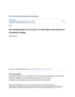 One Hundred Years of Providence: a Brief Note on the History of Providence College