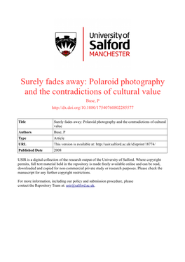 Polaroid Photography and the Contradictions of Cultural Value Buse, P
