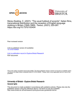 “The Usual Hubbub of Accents”: Italian Films, Transnational Distribution and the Reception of English-Language Dubbing in Britain (1949-1969)