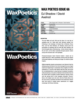 WAX POETICS ISSUE 66 DJ Shadow / David Axelrod