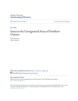Issues in the Unorganized Areas of Northern Ontario Dean Nickerson Western University