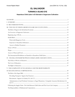 EL SALVADOR TURNING a BLIND EYE Hazardous Child Labor in El Salvador’S Sugarcane Cultivation