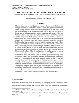 The Influence of Islamic Culture and Holy Quran on Performing Arts: Relating to Sacred Vocal Music (Lahn)