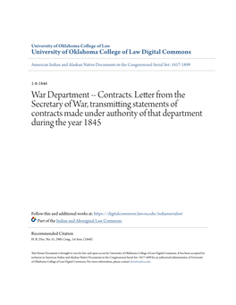 Contracts. Letter from the Secretary of War, Transmitting Statements of Contracts Made Under Authority of That Department During the Year 1845