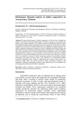 Performance Financial Analysis of Rubber Cooperatives in Trat Province, Thailand