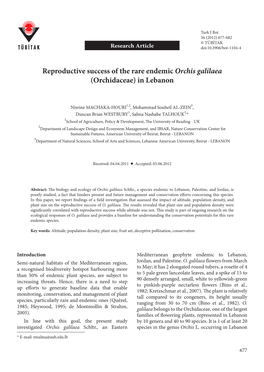 Reproductive Success of the Rare Endemic Orchis Galilaea (Orchidaceae) in Lebanon