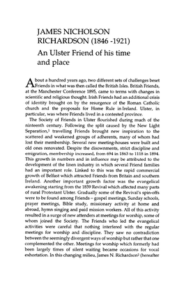 JAMES NICHOLSON RICHARDSON (1846 -1921) an Ulster Friend of His Time and Place