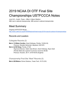 2019 NCAA DI OTF Final Site Championships USTFCCCA Notes June 5-8 -- Austin, Texas -- Mike A