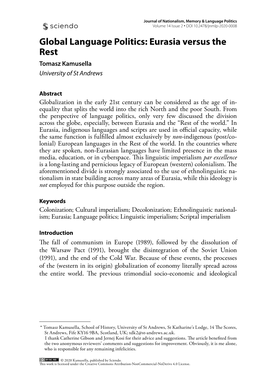 Global Language Politics: Eurasia Versus the Rest Tomasz Kamusella University of St Andrews