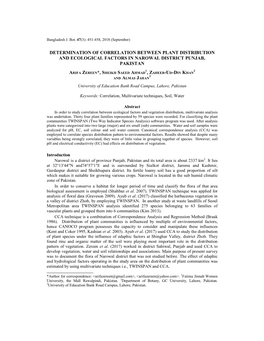 Determination of Correlation Between Plant Distribution and Ecological Factors in Narowal District Punjab, Pakistan