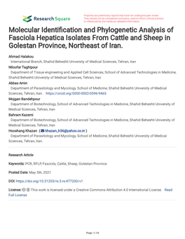 Molecular Identi Cation and Phylogenetic Analysis of Fasciola