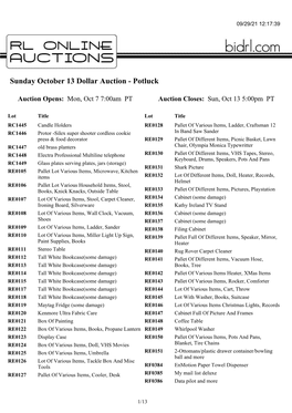 Sunday October 13 Dollar Auction - Potluck